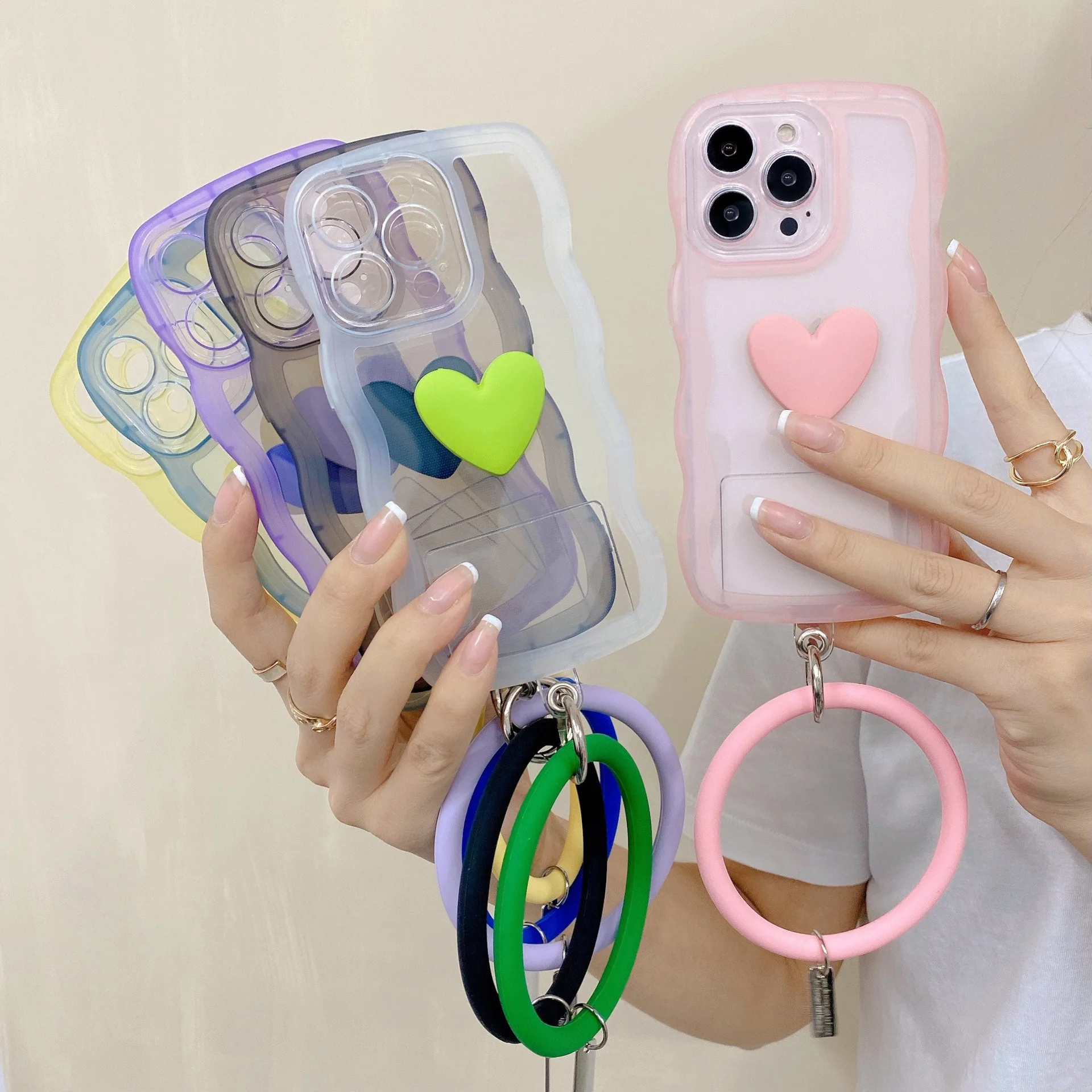 Cute Heart Hanging Ring Bracelet Wristband Lanyard Phone Case Cover for iPhone 13 11 12 14 Pro Hand Strap Cases