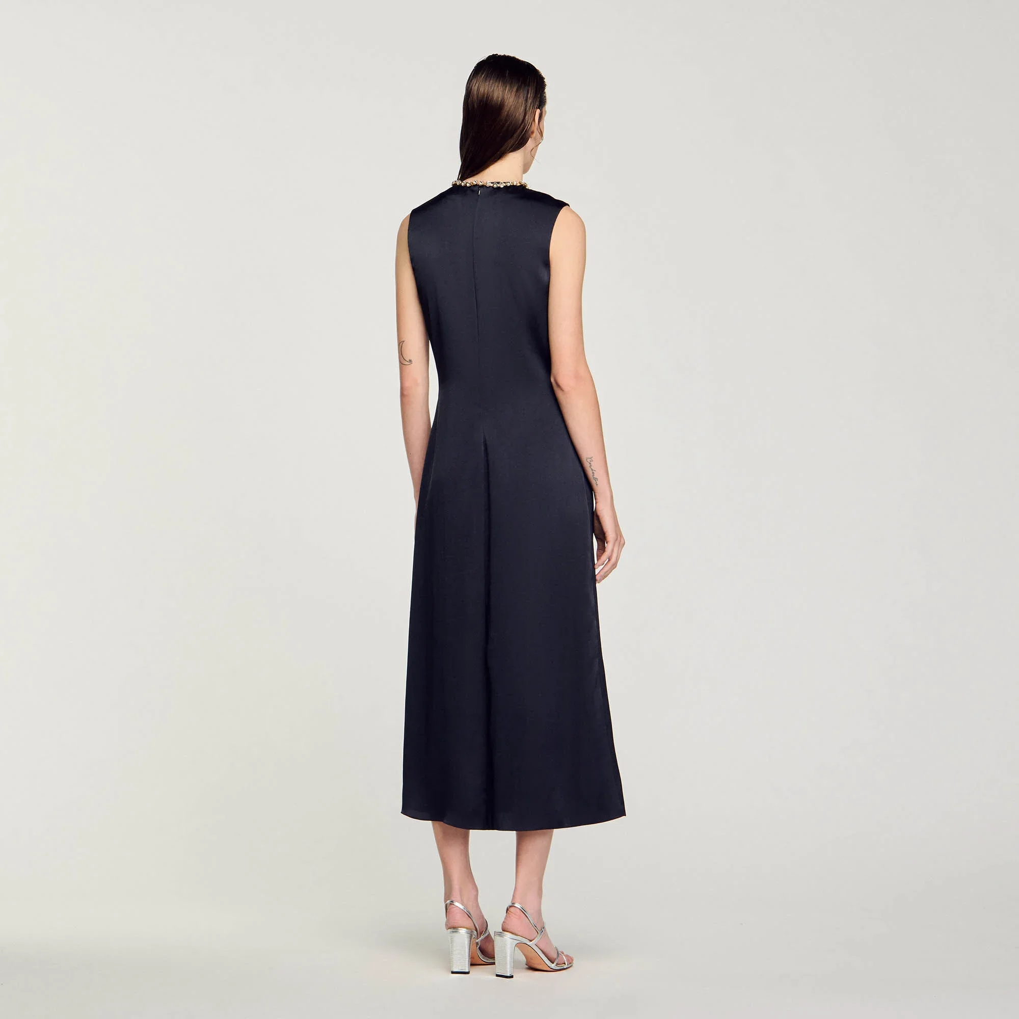 Bettergirl New Custom Quality Clothes French Black Sleeveless Sandro Dress Casual Satin-effect Rhinestone Midi Dress