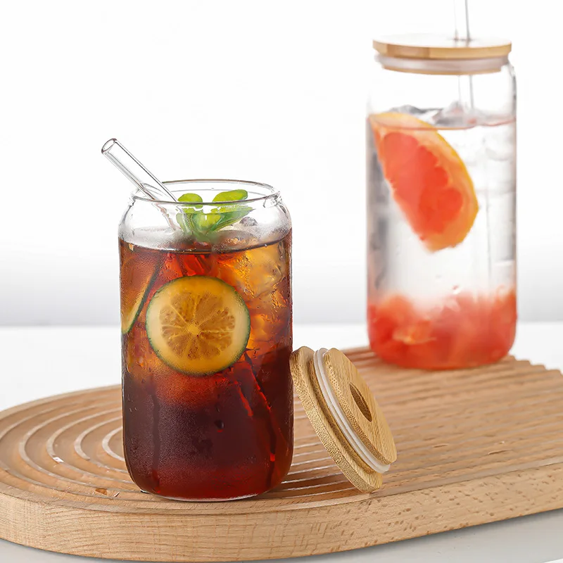 High Quality Transparent Empty Soda Beer Can Shape 12oz 16oz 20oz Glass Tumbler Cup With Bamboo Lid and Glass Straw