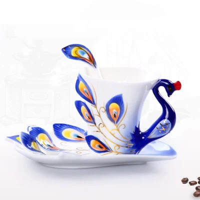 Unique Peacock Shape Elegant Porcelain Enamel Cup Wholesale Ceramic Tea Coffee Cups And Saucers