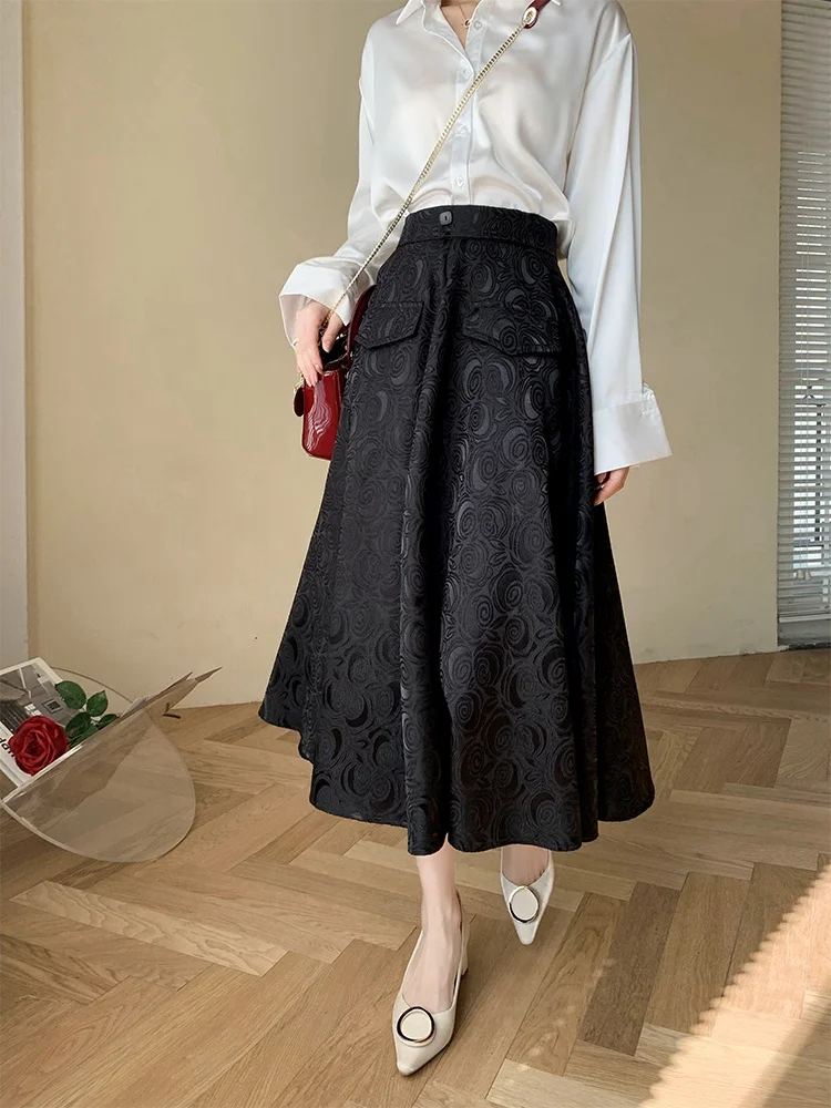 Black Skirt Ladies 2023 Hepburn style high waist vintage satin jacquard pocket skirt