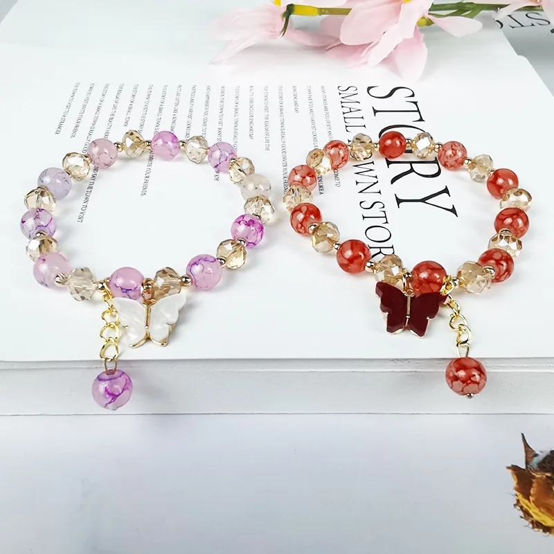 Hot-Selling Instagram 8mm/10mm Handmade Jade Glass Beads Multi-Color Can Be Customized Crystal Butterfly Pendant Bracelet