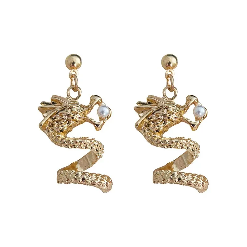 2022 Unique Designed 18K Solid Gold Pearl Natural Traditional Dragon Design Earrings Customized Jewelry for Women Girl for Gift