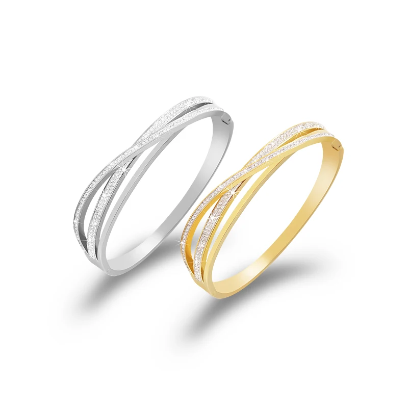 Charm Stainless Steel Shiny Rhinestone Luxury Statement Vintage Unique 24 Karat Gold Cuff Bracelets Bangle For Wedding Bridal