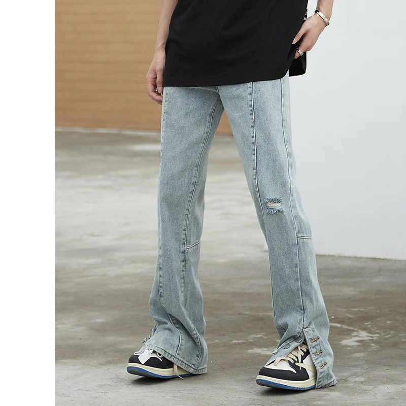 New High street leg  jeans fashion brand loose straight hole pants mens washing wholesale men used jeans
