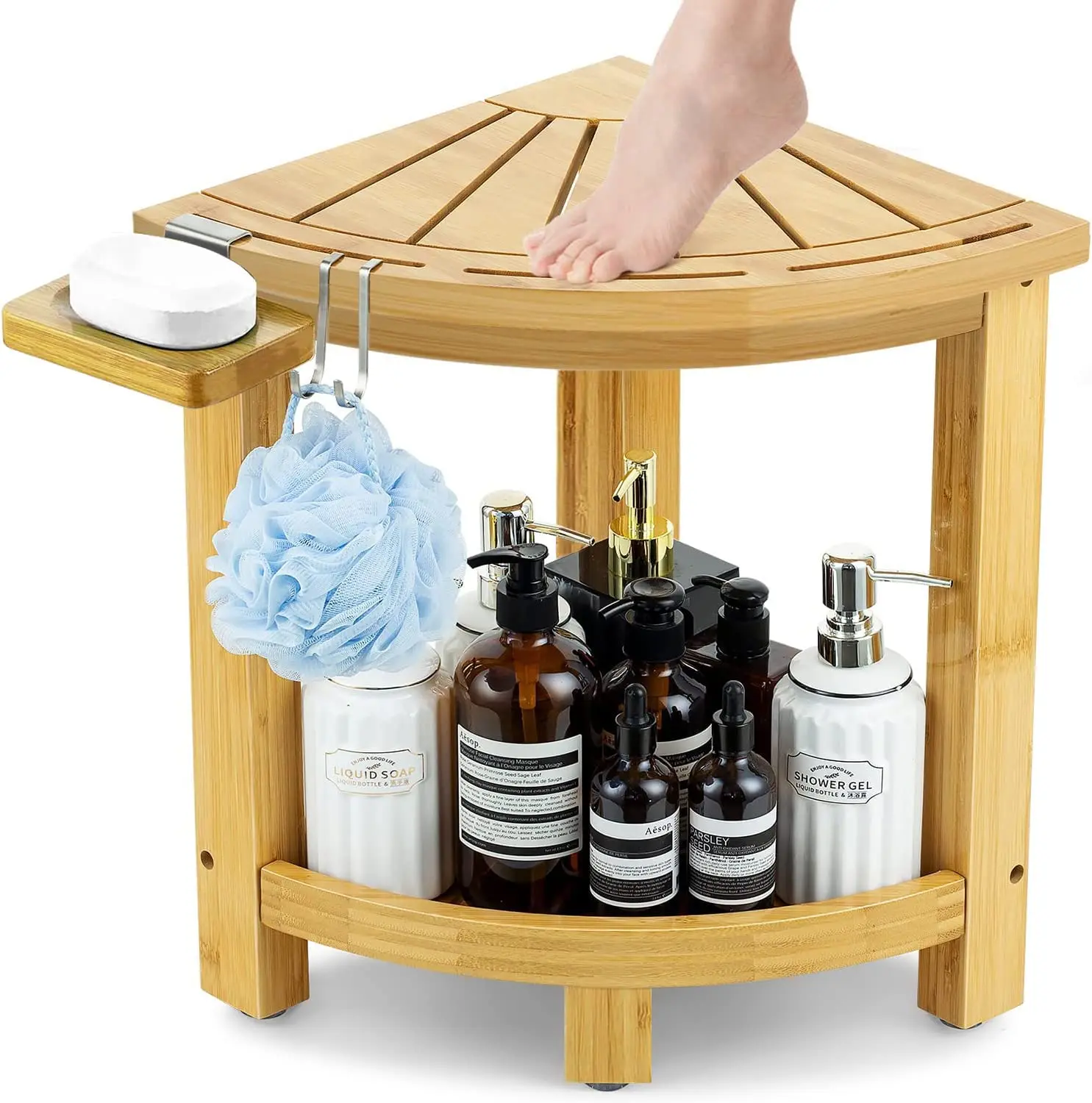 Wholesale Customized Bamboo Shower Stool Bench Bathroom 2 Tier Corner Shelf for Shampoo