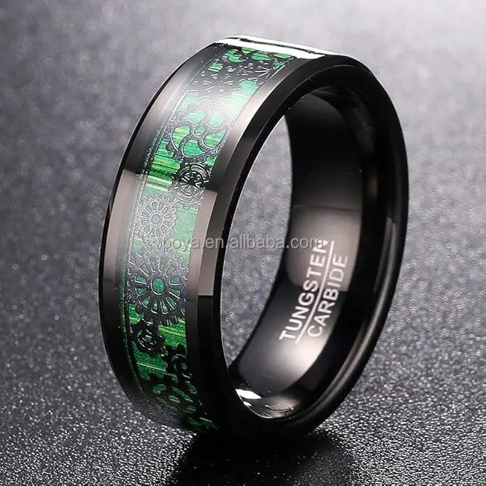 POYA Jewelry 8 mm Black Tungsten Carbide Wedding Engagement Ring Steampunk Green Carbon Fibre Gear Inlay Bevelled Edge Men Gift