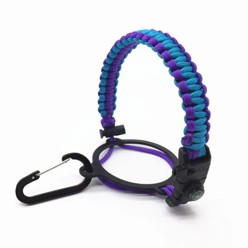 Blue paracord bottle handle with survival kit, compass, fire starter buckle for outdoor hiking camping walking