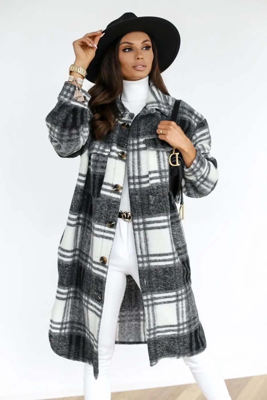2022 Fashion Long Sleeve Plaid Print Shirt Woolen Coat Winter Long Jacket