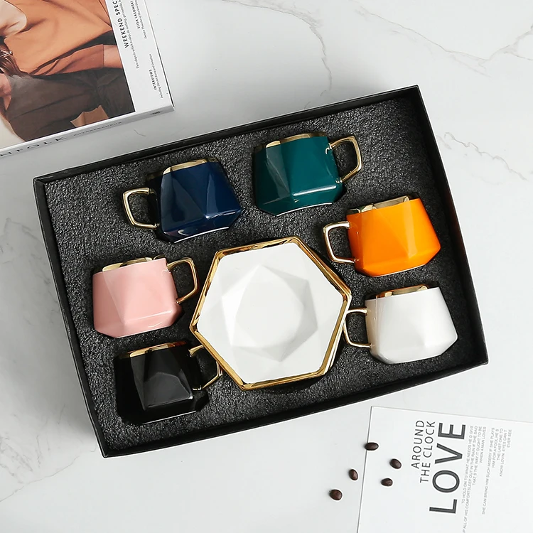 Custom middle eastern luxury geometric porcelain coffee mugs ceramic coffee cups and saucer set tea cup set for gift