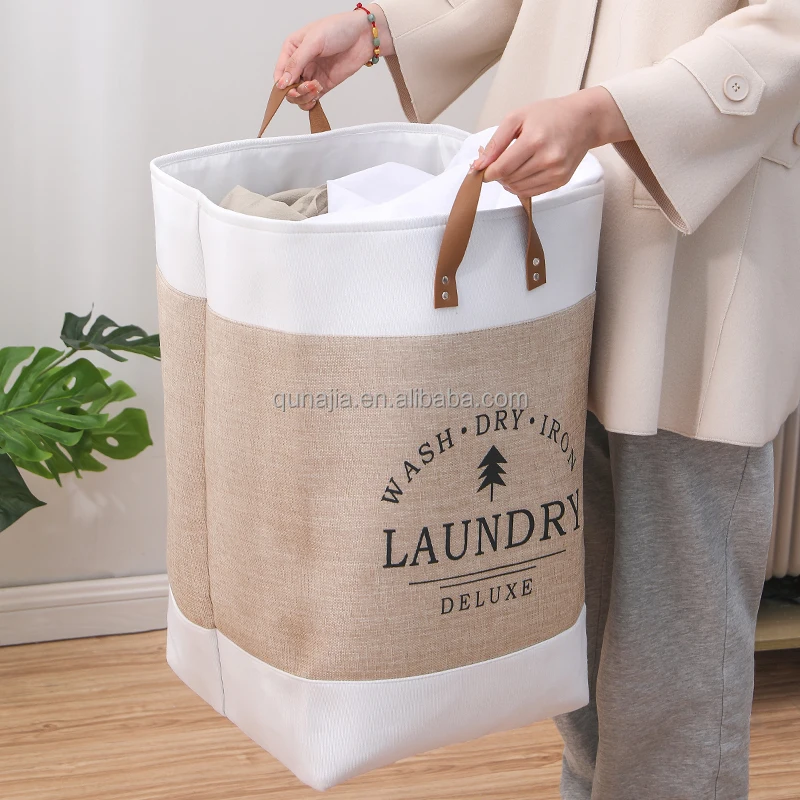 Hot Ins Linen Fabric Dirty Clothes Storage Basket with Leather Handle Bathroom Clothes Hamper Washable Foldable Laundry Basket