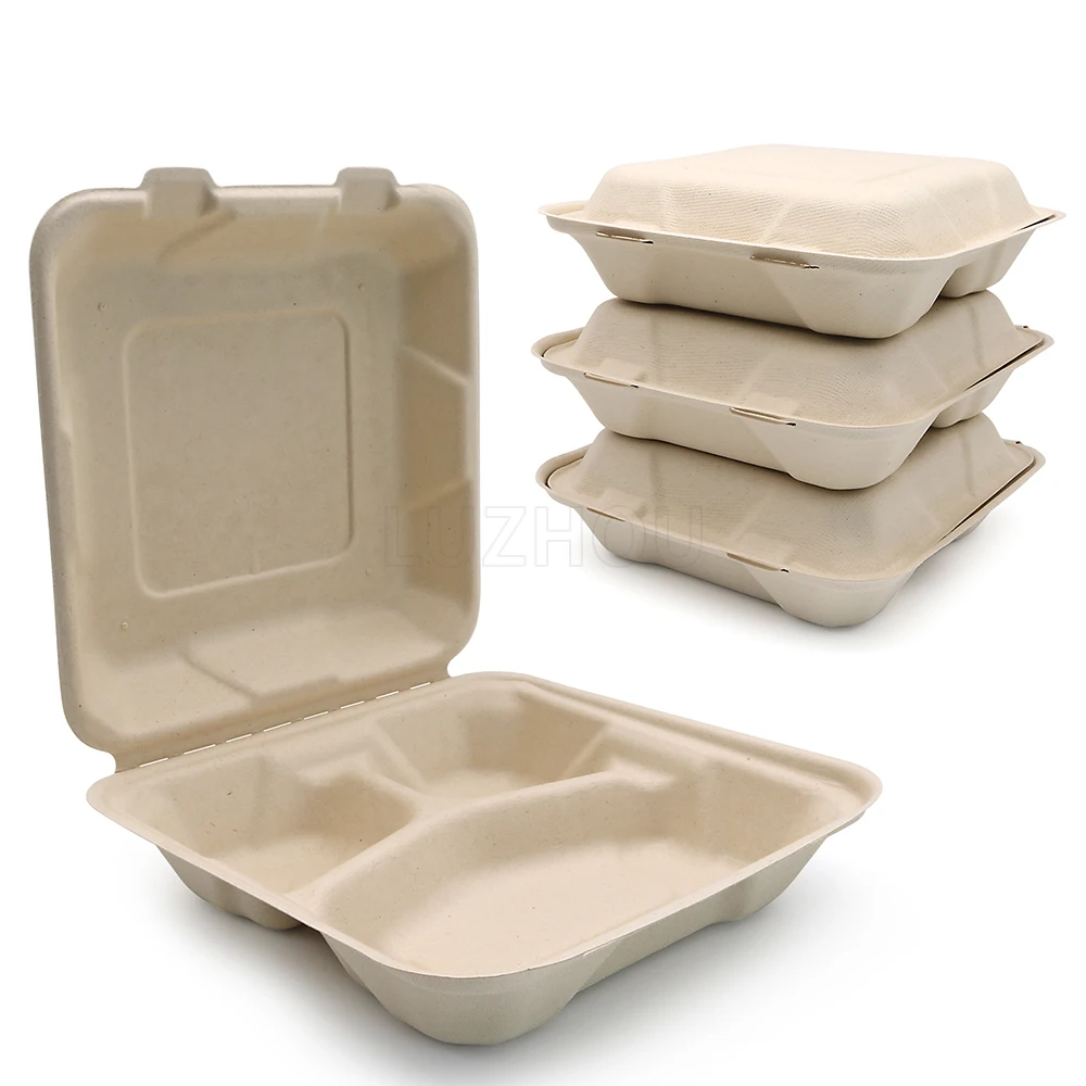 800ml 8 Inch 3-compartment Eco Friendly Take Out Compostable Biodegradable Sugarcane Clamshell Containers Food