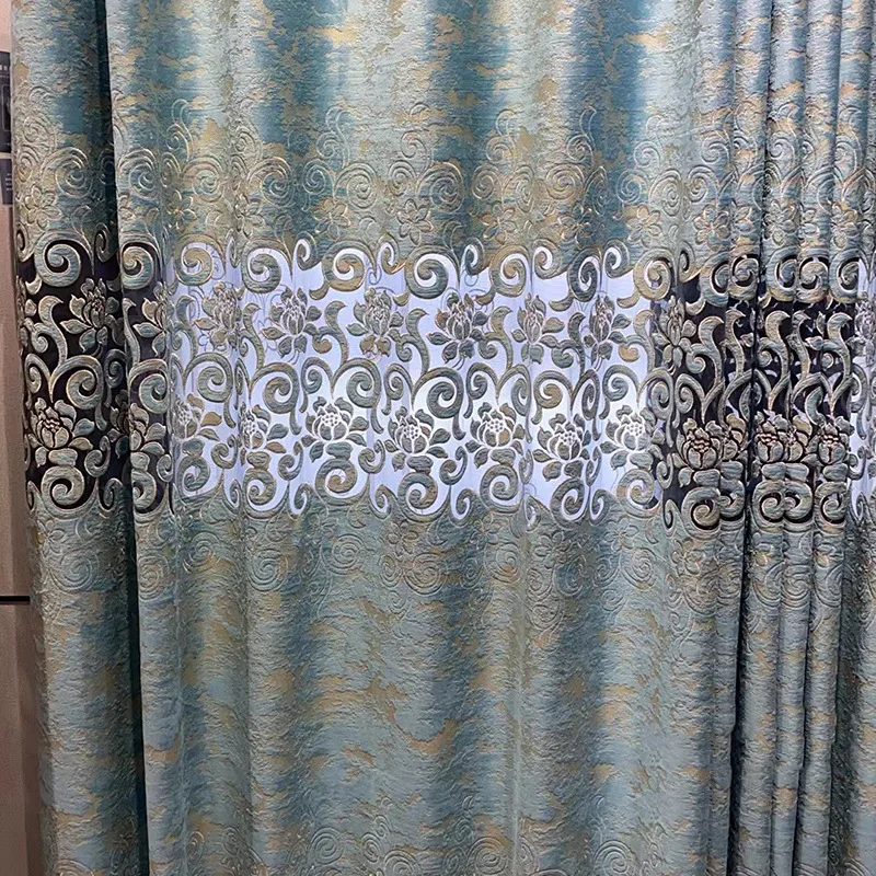 High Quality New European Style Living Room Luxury Beige Velvet Embroidered Curtains With Hollow Out Design