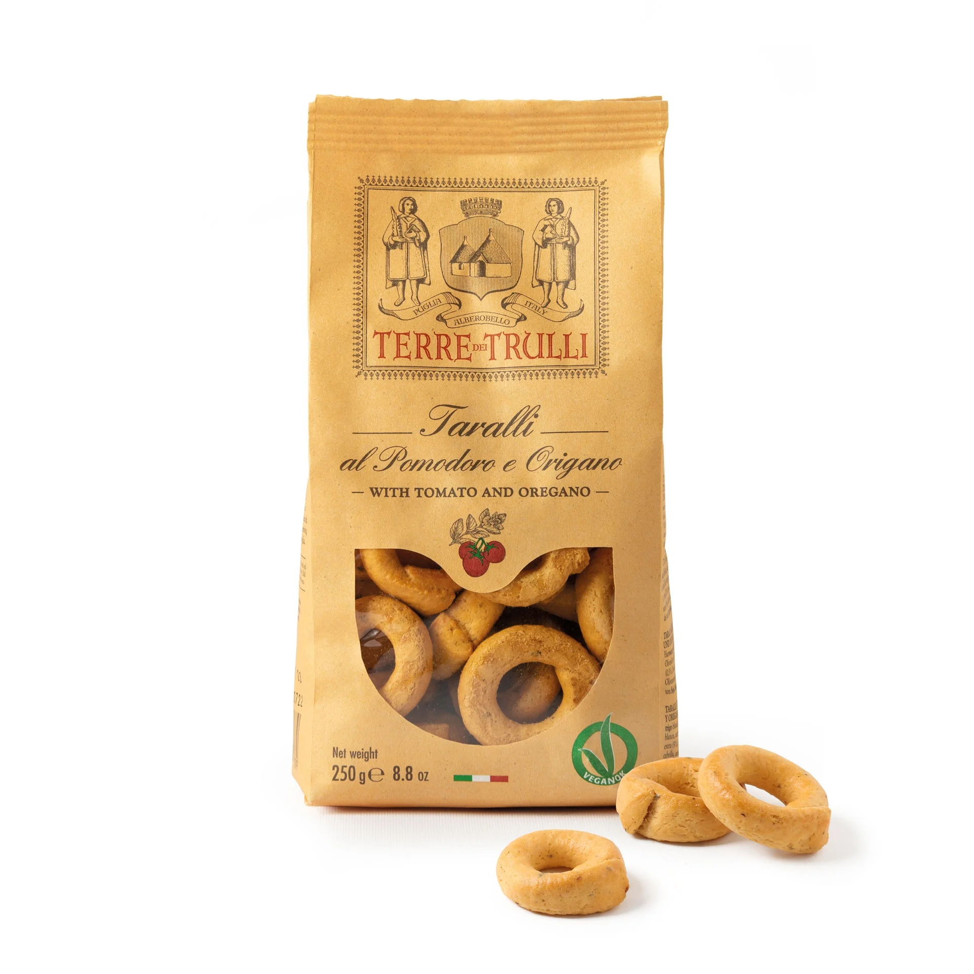 Taralli with Tomato and Oregano 250g 100% RECYCLABLE PAPER PACK - Made in Italy Gourmet grain snacks