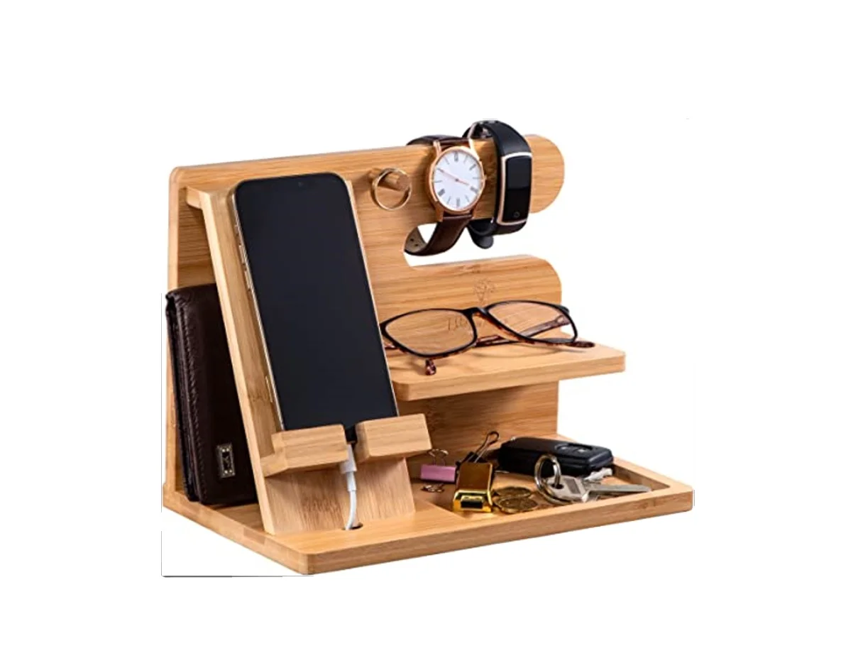 JUNJI Wood Phone Docking station nightstand Desktop gift wooden mobile phone docking station with Key Holder Watch Organizer