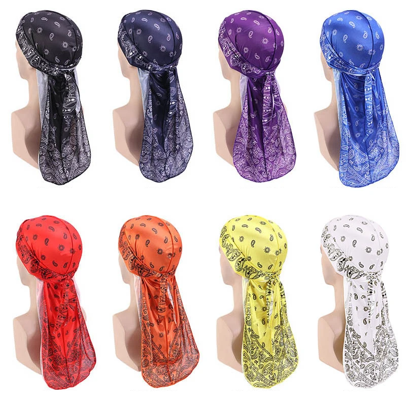 Wholesale Hip Hop Long Tail Designer 360 Waves Du Rags Bandana Paisley Durag Men Satin Silk Duragesic Cap