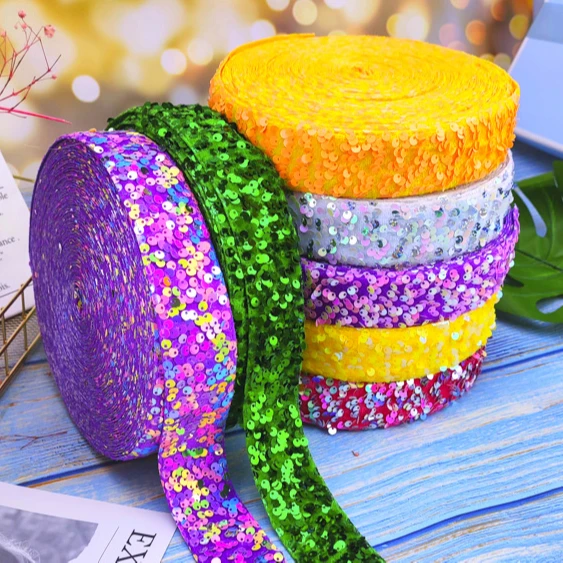 XCTCOUS  38mm  Ribbon Custom  Luxury Sequin Fabric  Red Green Blue  Gold  Silver Bling Colors Ribbon Christmas  Sequin Ribbon