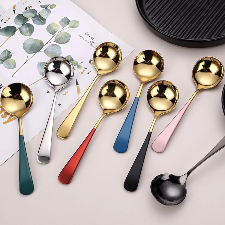 Wholesale Mirror Polish Colorful Handle Round Spoon Kid Steel Spoon Titanium Coffee Cupping Spoon