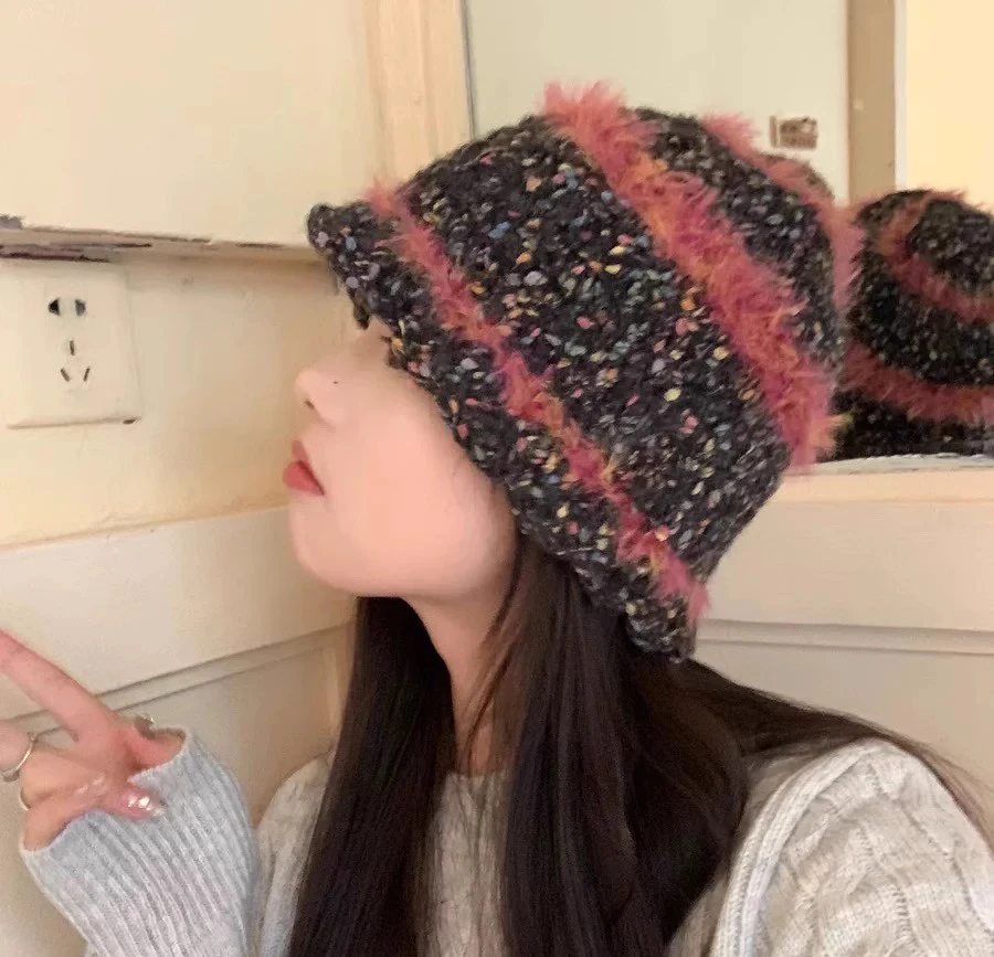 Wholesale Winter Classic Fashion Colorful Retro Handmade Warm Plush Hat Knitted Bucket Hat For Women