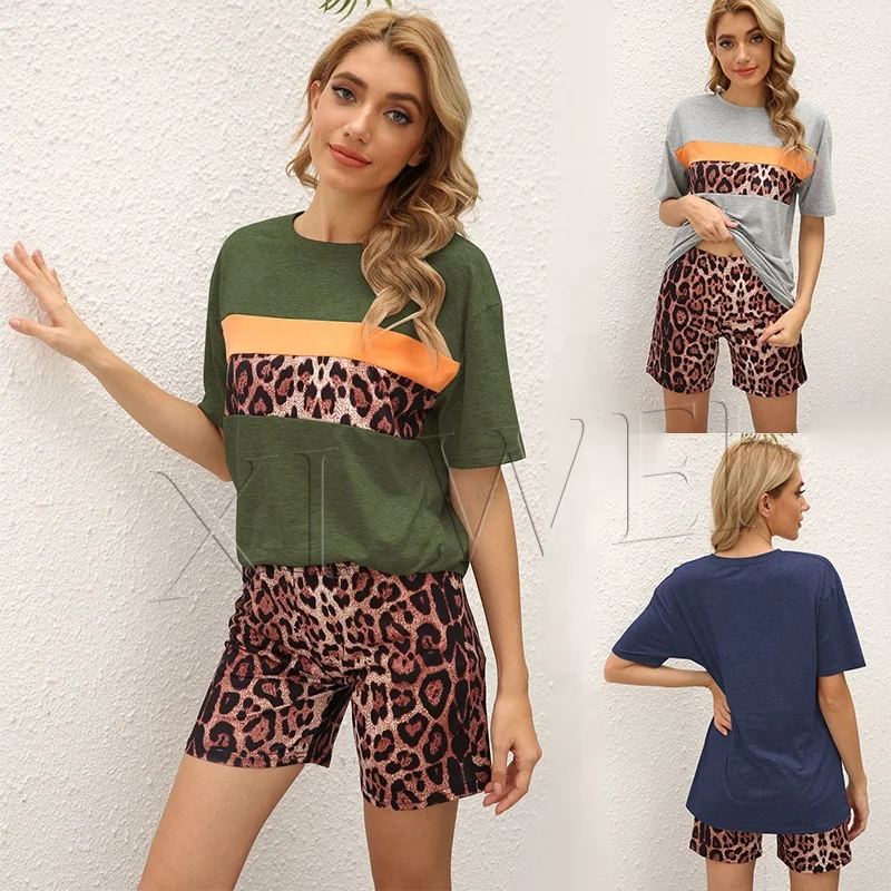 Популярная женская Повседневная футболка контрастных цветов с леопардовым принтом и облегающие шорты с леопардовым принтом, домашний комплект