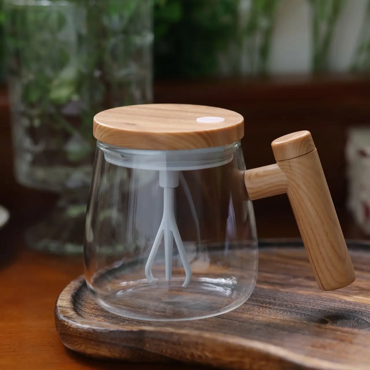 Capacity Scale 400ml Automatic Portable Electric Coffee Tea Milk Cocoa Mixer Cup  Magnetic Self Wooden Design Glass Stirring Mug