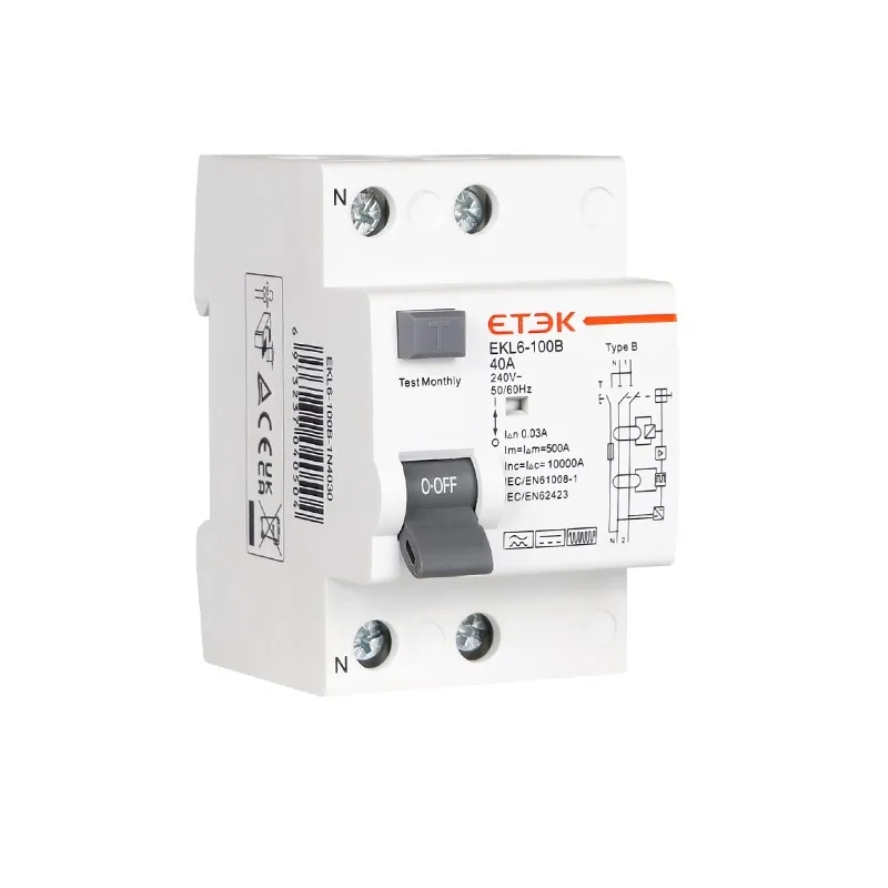 ETEK 2P EKL6-100B AC Type B RCD 230V Earth Leakage Circuit Breakers RCCB Residual Current 30mA 25A-100A RCCB for EV Charger