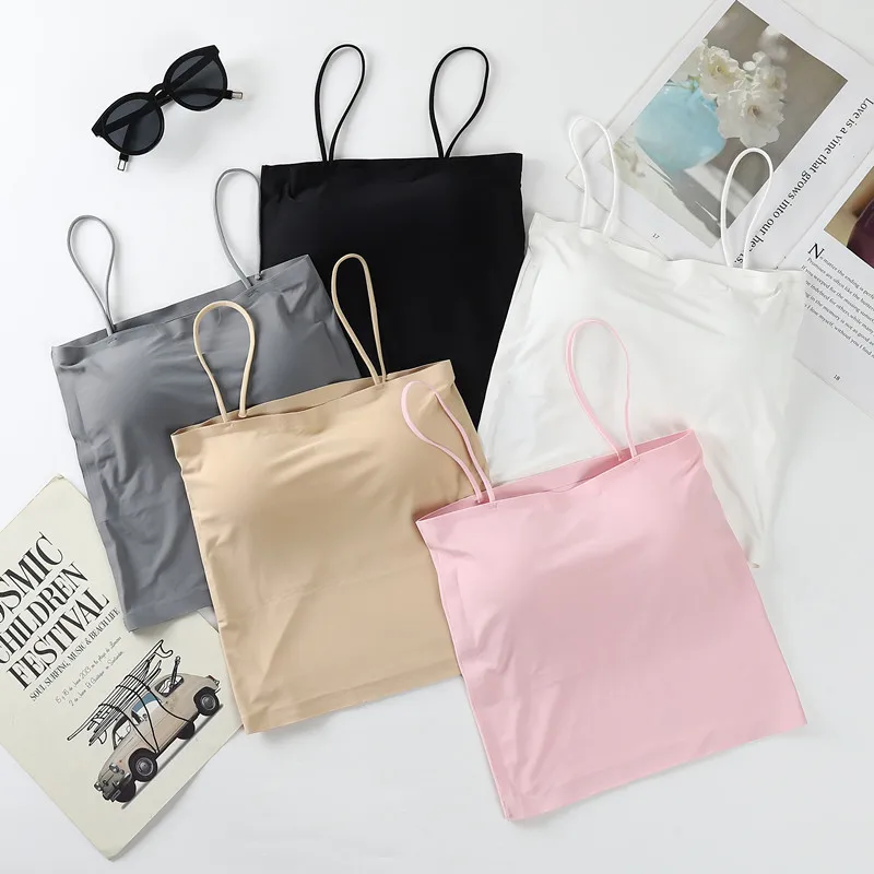 Модные красивые спинка из ледяная шелковая ткань Топ/Удлиненный топ в Женская майка топы без рукавов на бретелях