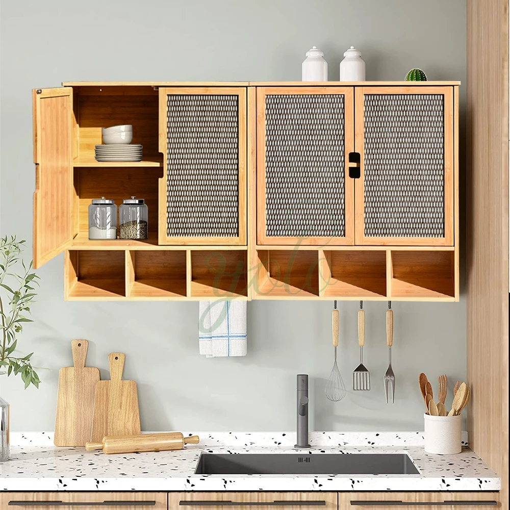 Multifunctional Bamboo Wooden Kitchen Bathroom Rattan Cabinet Side Storage Organizer Freestanding Cupboard Furniture With Door