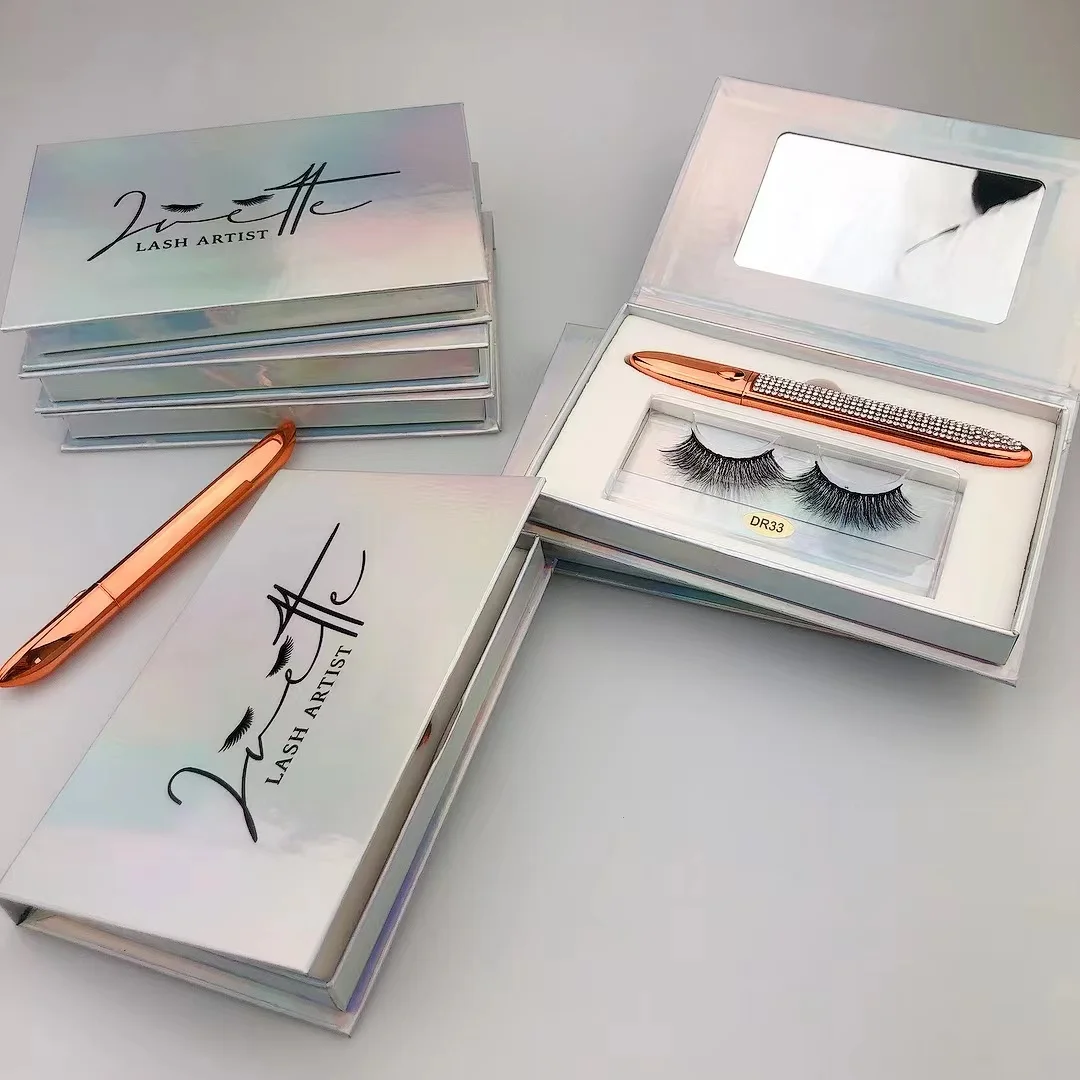 cil magnetiques lashbox packaging with mirror hologram lash packaging mink eyelashes 25mm-30mm