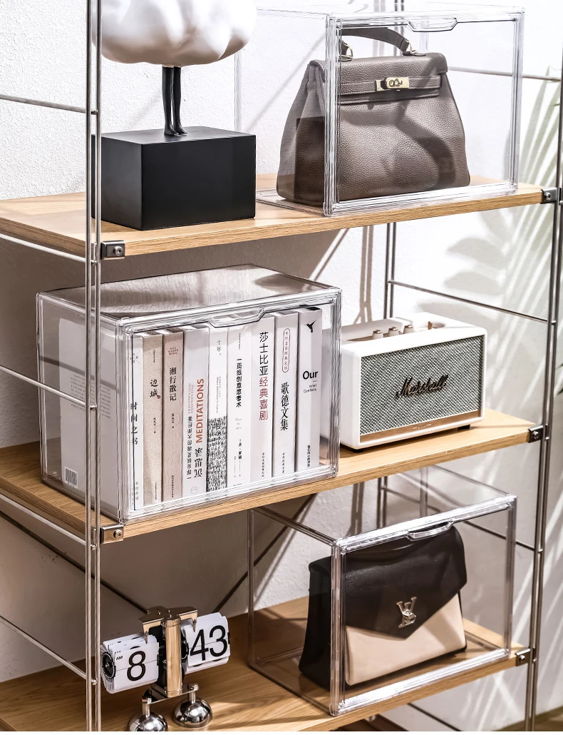 High Transparent Magnet Box Lucite Book Bag Shoes Organizer Plastic Toy Display Case for Book Storage Container