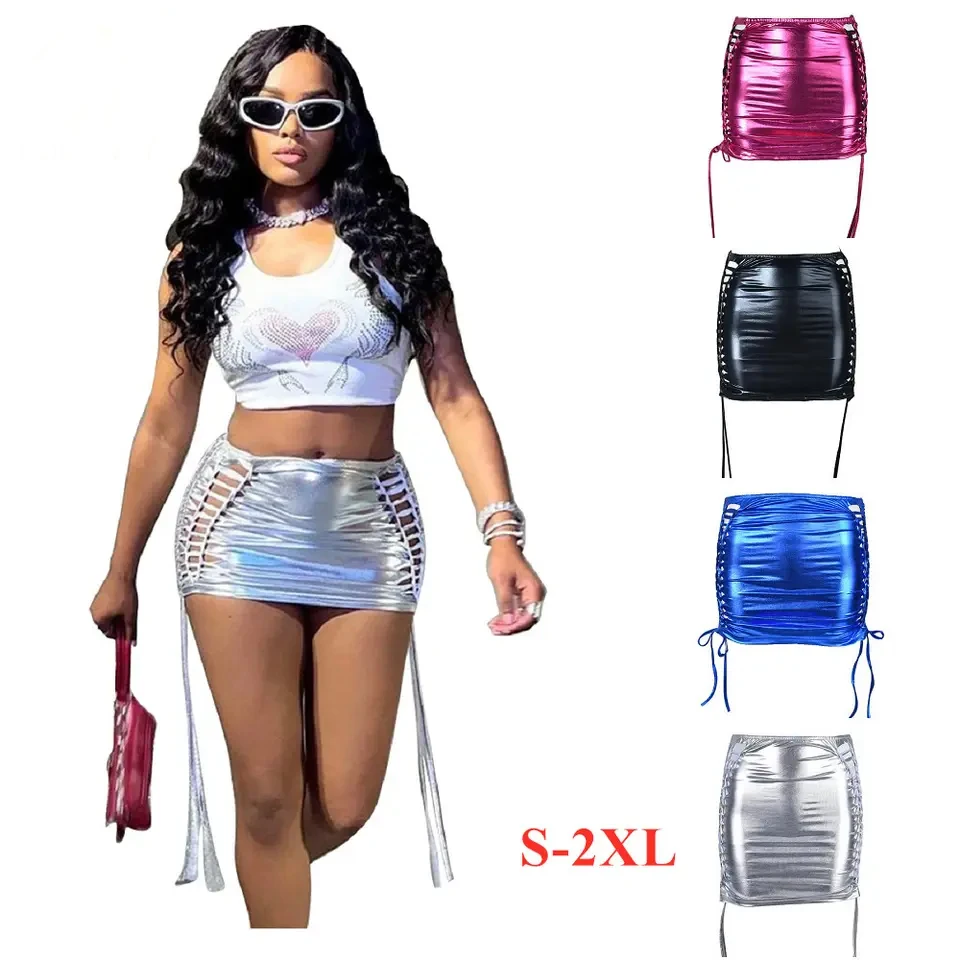 2023 New Arrivals Summer Shiny Pu Leather Mini Skirt Solid Color Hollow Out Tassel Lace-Up Stretchy Sexy Skirt For Women