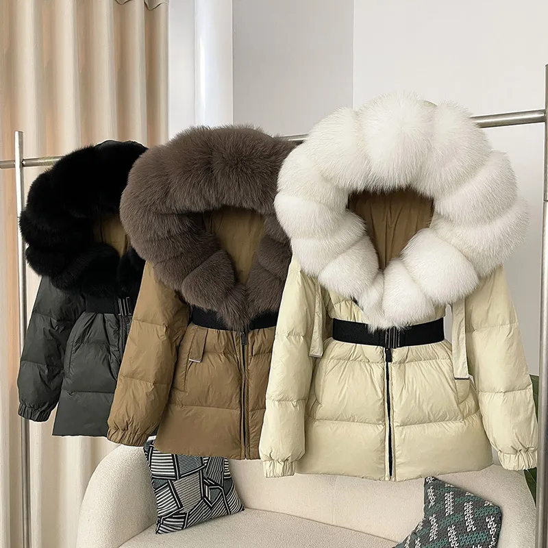 2024 Lady Luxury Large Real Fur hooded Warm Women Duck Down Jacket Winter Coat with Belt