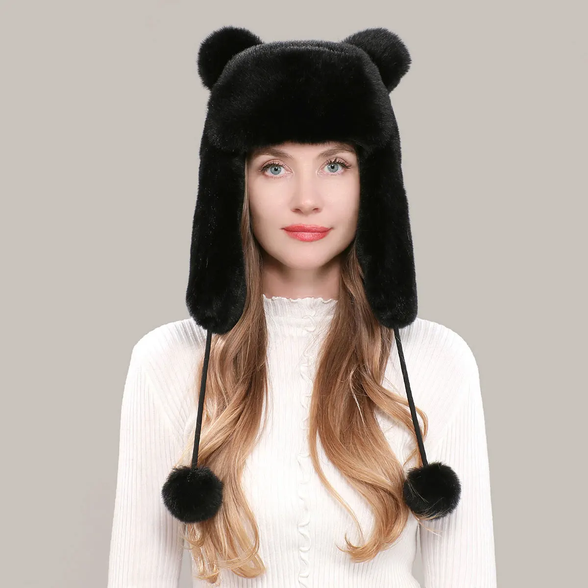 New Style Faux Fur Earmuffs Lei Feng Hat Ladies Winter Ski Windproof And Warm Artificial Rabbit Fur Cartoon Cat Ears Pilot Hat