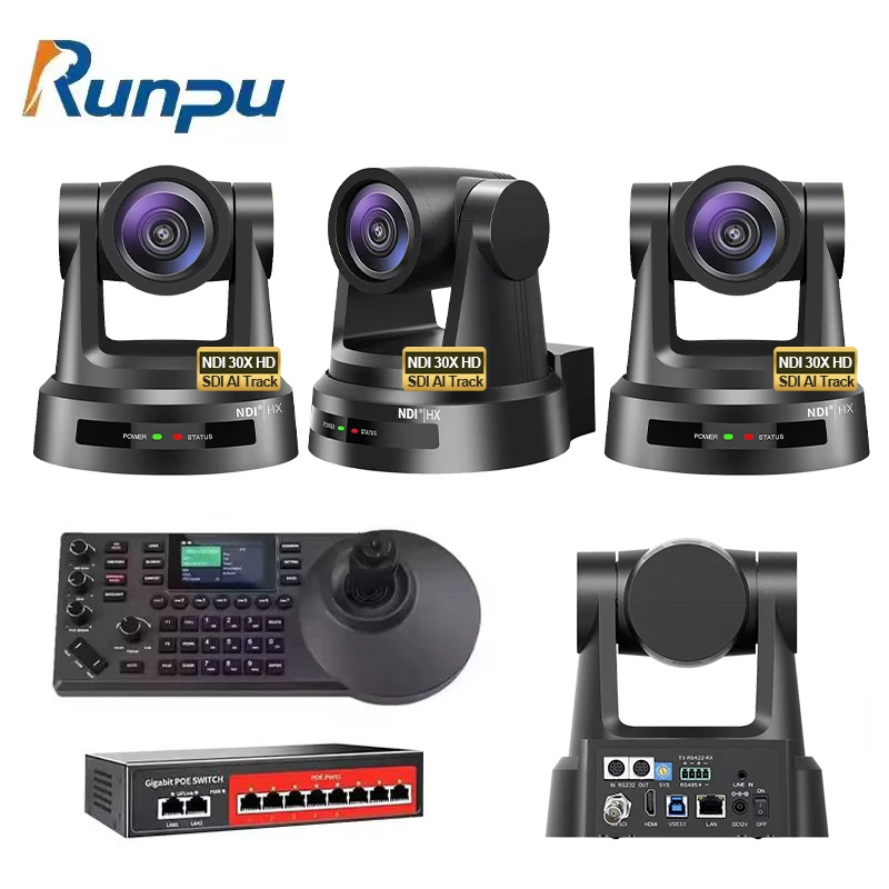 USD2098 Free Ship Kit HD690-30N=4 pcs NDI poe SDI 30X HD1080P PTZ Conference Camera lan AI track+a ip controller+poe switch