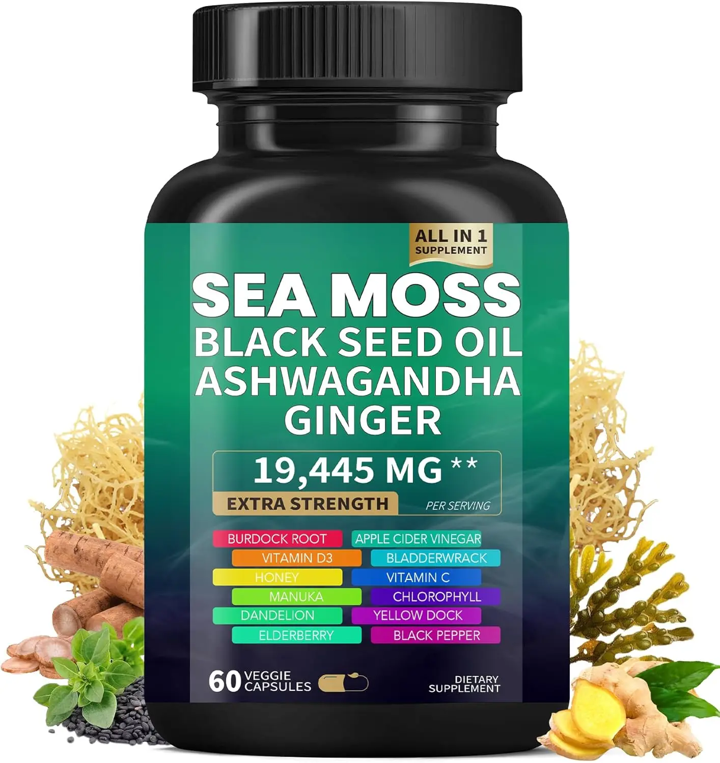 Оптовая продажа семена черного морского мха Oi Ashwagandha shilajit Seamos капсула 16 в 1 травяные добавки