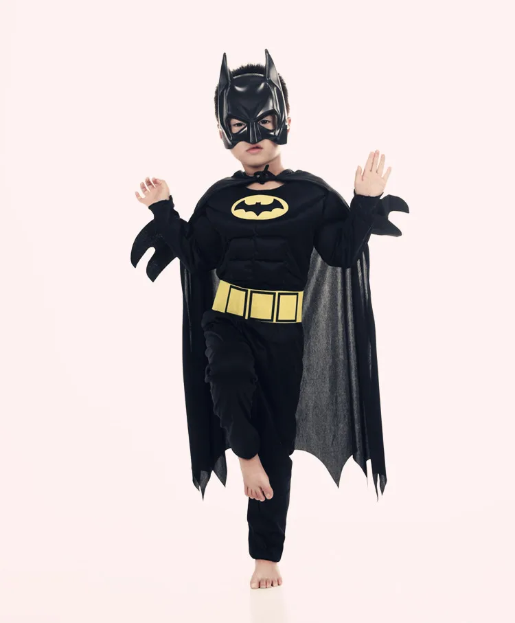 Unisex Halloween Black Bat Muscle Costume Kids Boys Girls Masquerade Party Cosplay Suit Jumpsuit Cloak Character Hat Accessories