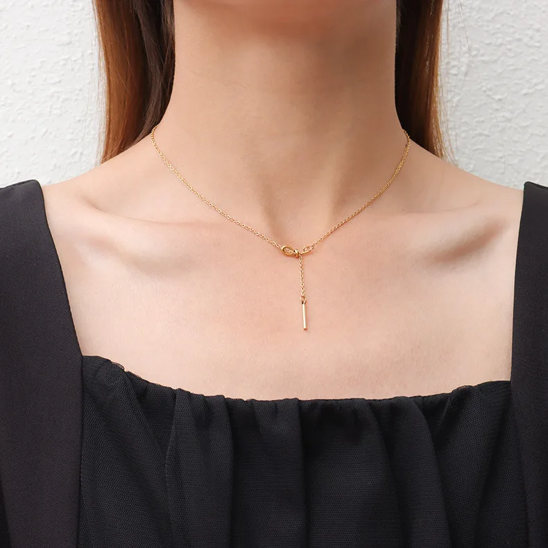 Unique Design 316L Stainless Steel Knotted Dangle Necklace Gold Plated Link Chain Crossed Knot Bar Drop Necklace