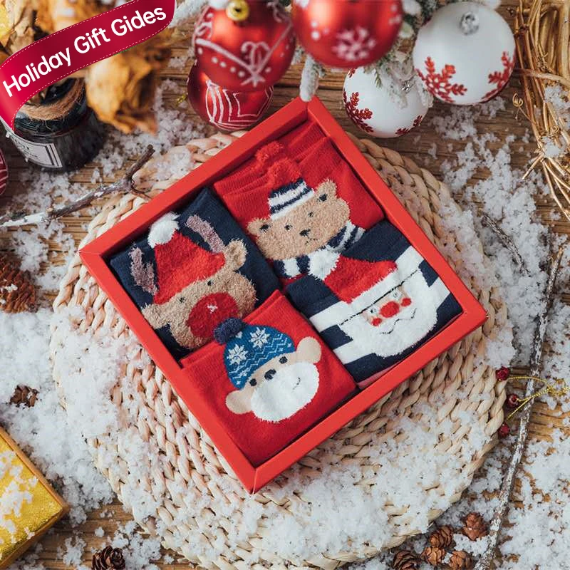 Wholesale OEM Custom Breathable Cotton Sweet Cartoon Christmas Box Socks for Kids