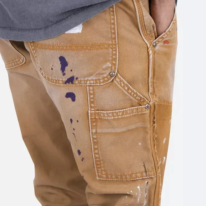 Wholesale Casual Paint Splatter Vintage Cargo Pant For Men Custom Mens Multi Pocket Cotton Flare Stacked Sweat Pants