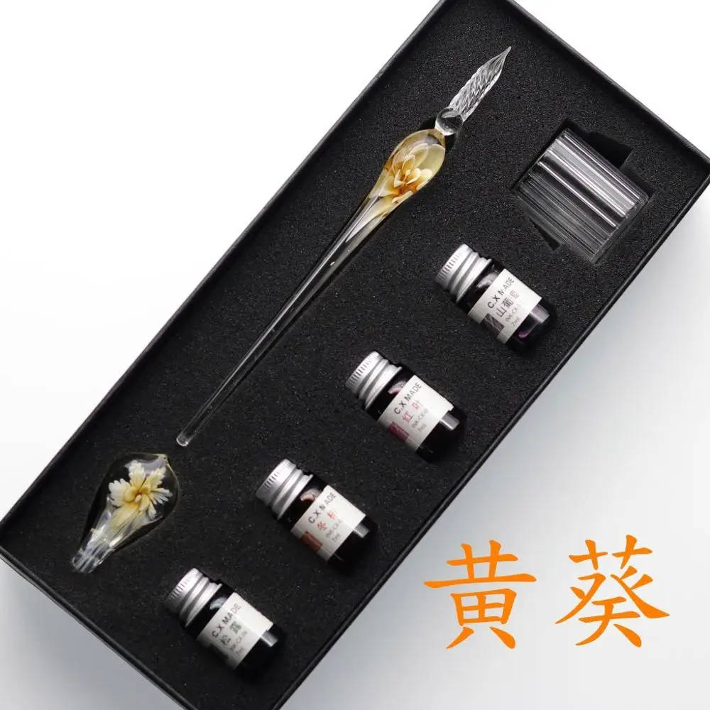 Wholesale Vintage calligraphy writing gift pen set colorful glass dip pen set with ink