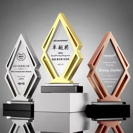Gold silver bronze metal crystal award trophy Souvenir Color Printing Crystal Glass Awards and Trophies