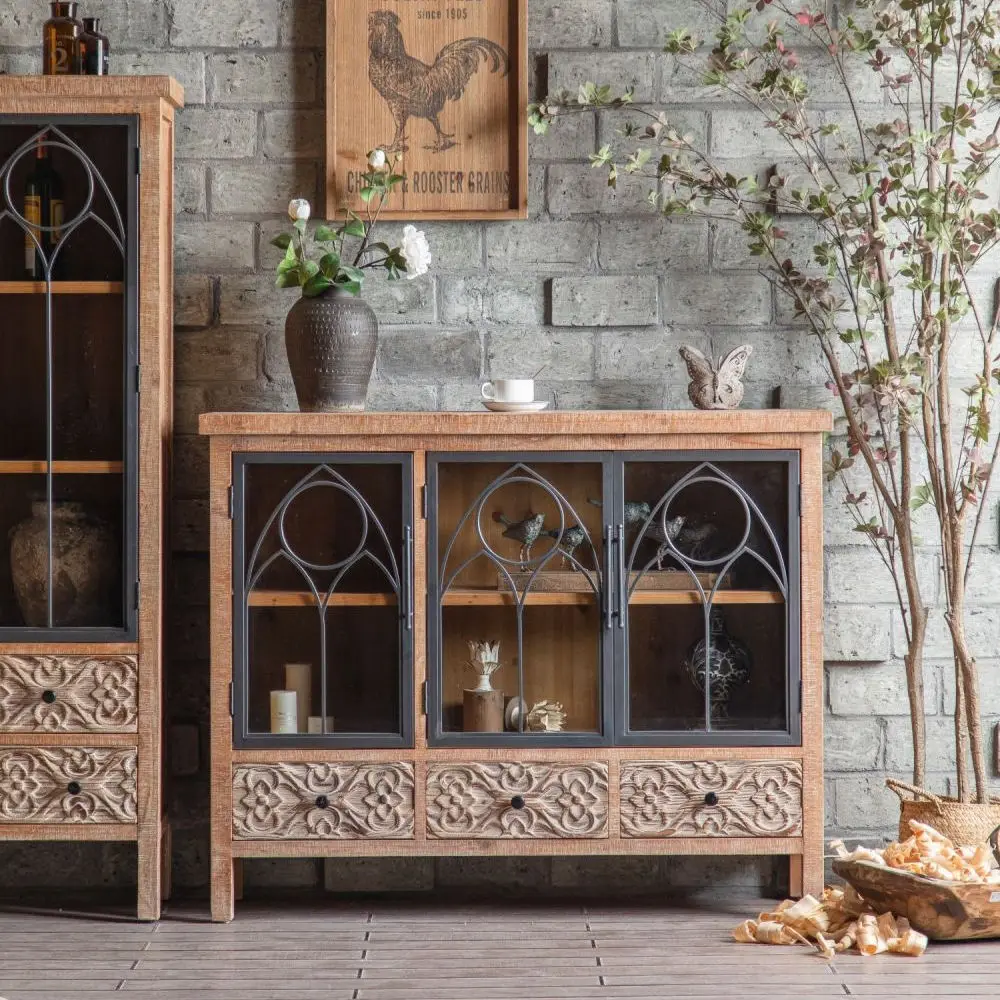 Farmhouse Vintage Wood Cabinet Sideboards with Mirrored Doors Antique Console Storage Cabinets Buffet Cabinets