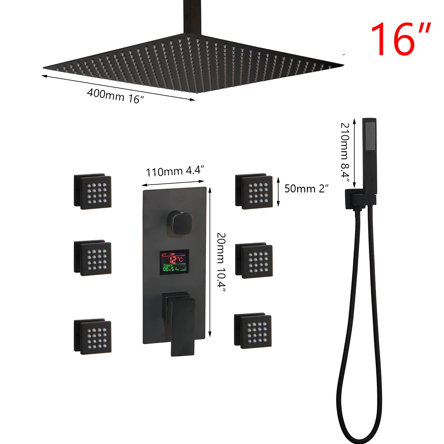 JIENI 16 Inch 3-way Black Shower Faucets Set Rainfall Shower Head Digital Temp Display Mixer Tap Swivel Tub Sho