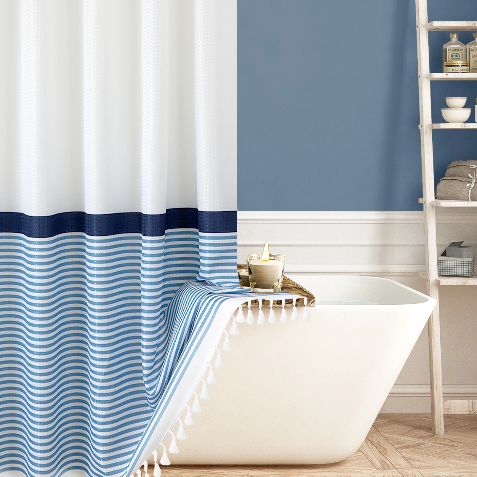 Modern Farmhouse Tassel Blue Striped Shower Curtain with Tassels for Bathroom Decor,Machine Washable Water Repellent