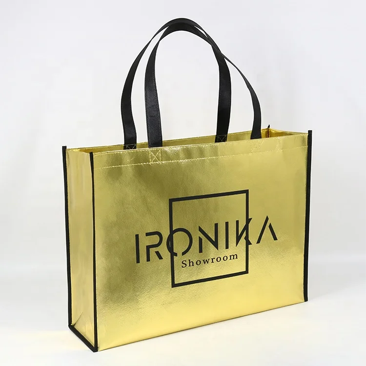 Custom Logo Printing Luxury Gold Metallic Gift Laser Non Woven Bag Reusable Tote Shopping Bag