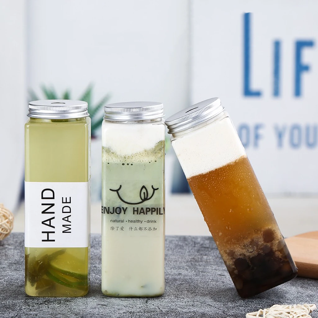 16oz Square Empty Plastic PET Juice Bottles Water Juicer Containers Beverage Bottle For Tea Cold Brew Coffee Bottle With Cover