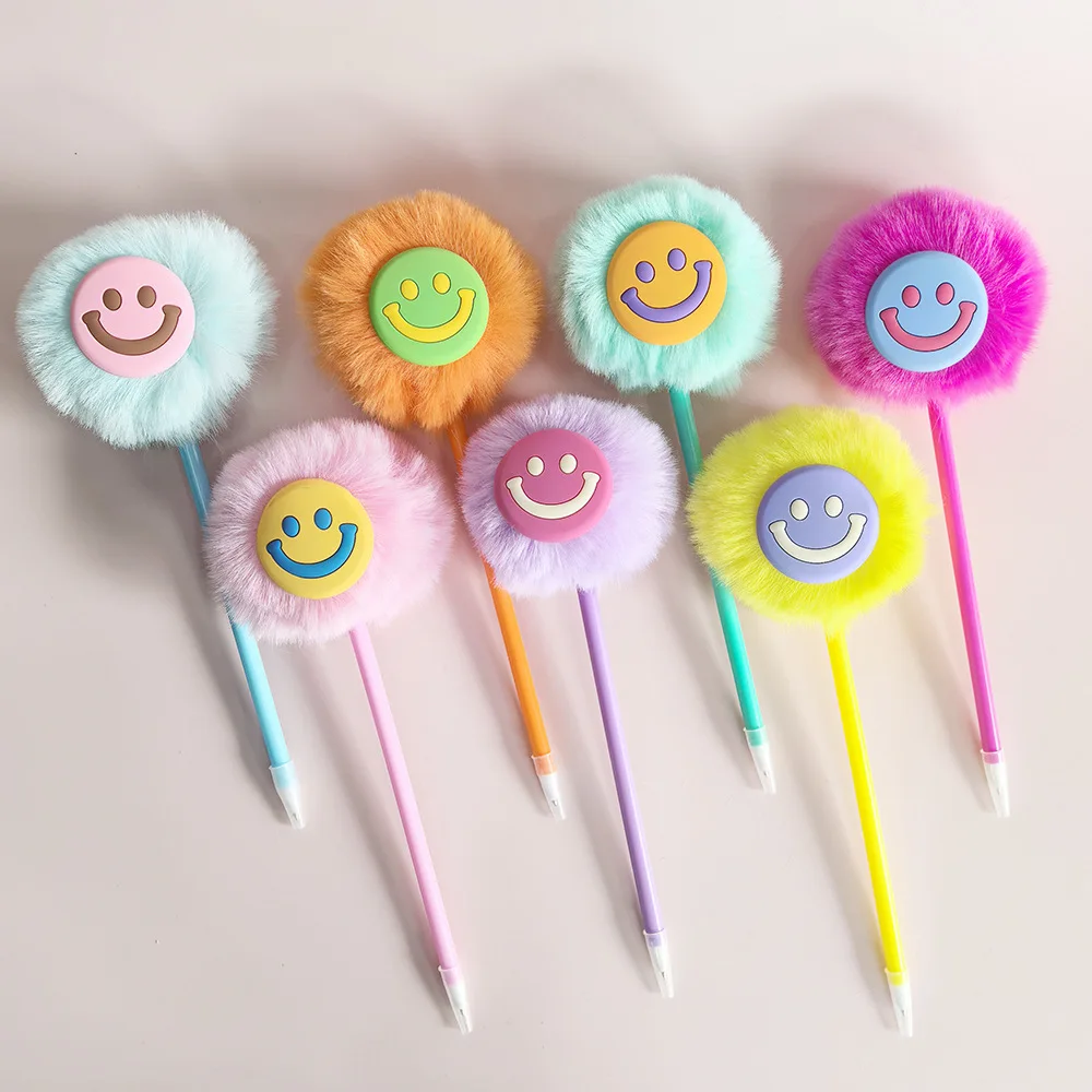 Оптовая Продажа Креативный милый помпон плюшевый шар гелевая ручка Kawaii студенческий офис мультфильм улыбка пушистый плюшевая