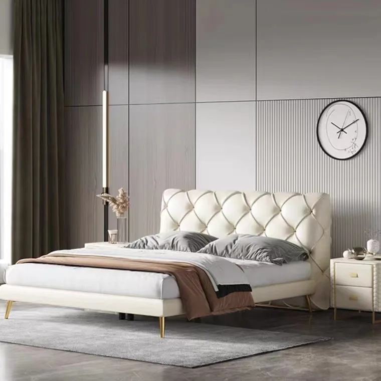 Creative Fashion Design Gold Metal Leg bed Upholstery Leather Double King Queen Full Size White Bedroom Wooden Frame Sofa Bed