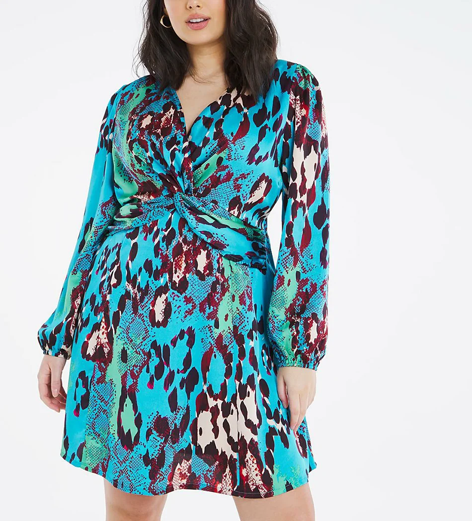 Plus Size Twist Front Satin Skater Dress Wholesale Multicolor Leopard print sexy And Elegant Casual Dresses