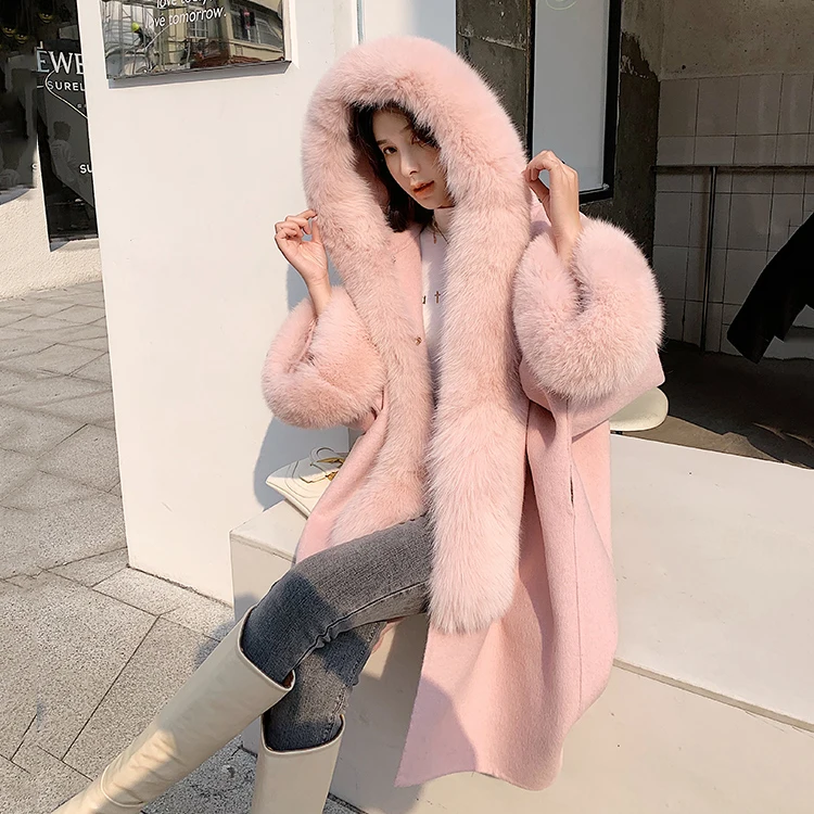 New Fashion Winter Wool Coats Women Genuine Long Cashmere Coat with Fox Fur Collar